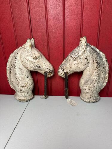 Pair of Cast Iron Horse Head Hitching Post Toppers White Paint
