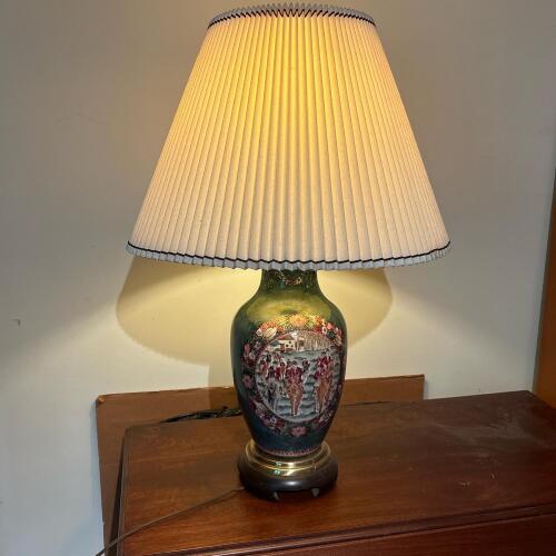 Painted 30" Ceramic Table Lamp with Equestrian Scene and Pleated Shade