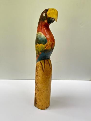Hand-Carved Folk Art Parrot Figurine, Painted Wood