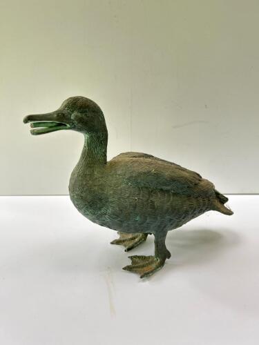 Vintage Cast Bronze Duck Figurine, Green Patina