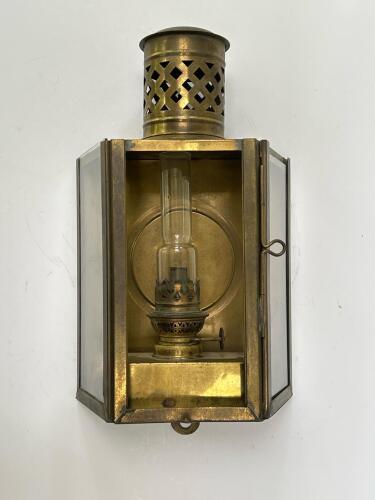 Vintage Brass Wall-Mounted Oil Lantern with Glass Chimney and Beveled Glass Sides