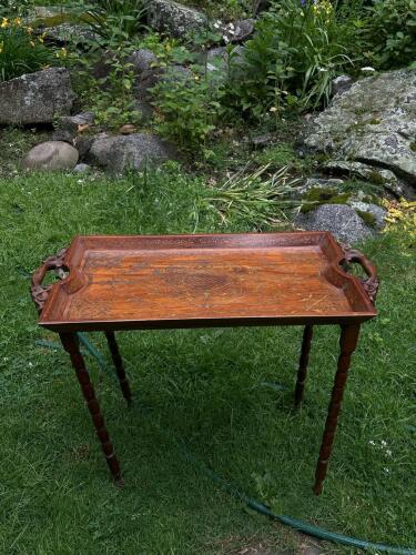 Antique Inlaid Hardwood Serving Table, Foldable