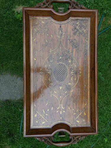 Antique Inlaid Hardwood Serving Table, Foldable