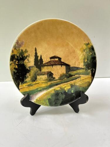 Hand Painted Italian Ceramic Plate, Countryside Landscape, Display Stand Included