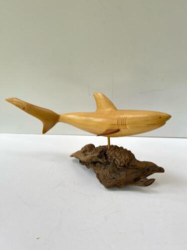 Hand-Carved Wooden Shark Sculpture on Natural Wood Base
