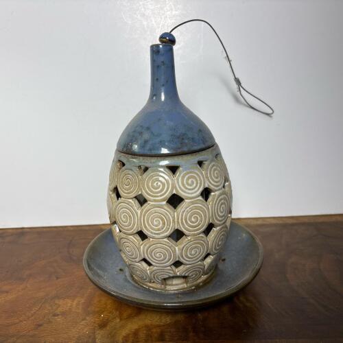 Handcrafted Hanging Ceramic Bird Feeder with Blue & Beige Glaze