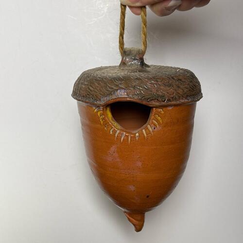 Acorn-Shaped Ceramic Hanging Birdhouse, Signed "ER"