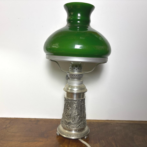 Vintage West German Cast Metal Electric Lamp with Green Glass Shade
