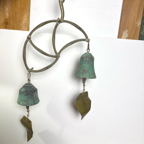 Vintage Bronze Wind Chime with Dual Bells & Verdigris Patina