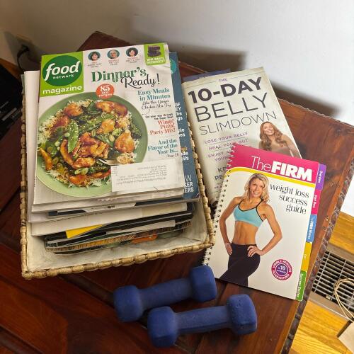 Fitness Lot: Pair of 2lb Dumbbells, 2 Health Books, & Cooking Magazines