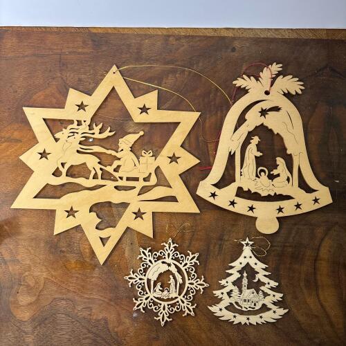 Set of 4 Laser-Cut Wooden Christmas Ornaments from Germany