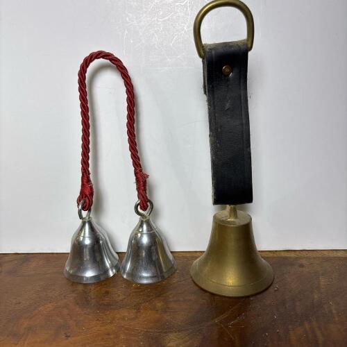 Brass Handbell with Leather Strap & Dual Bells on Red Cord