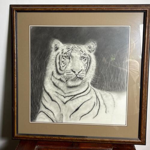 Framed Signed Tiger Charcoal Drawing, 2003, 28"x28"