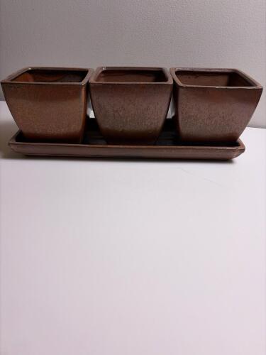Square Ceramic Planter Set of 3 Pots with Matching Tray, in Brown Glaze