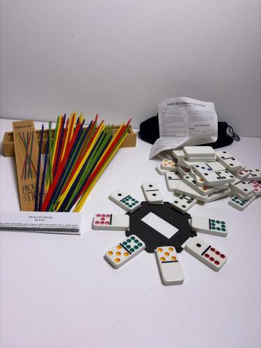 Toysmith Classic Pick-Up Sticks 41pc Wood Set & Double Nine Dominoes 55 Tiles With Bag & Hub