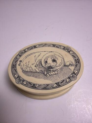 Resin Oval Seal Pup Trinket Box with Felt Base, Lid Art, Off-White