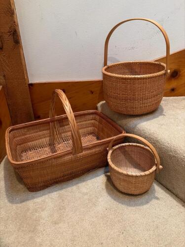 Set of 3 Handmade Woven Baskets: 2 Round, 1 Rectangular with Handles