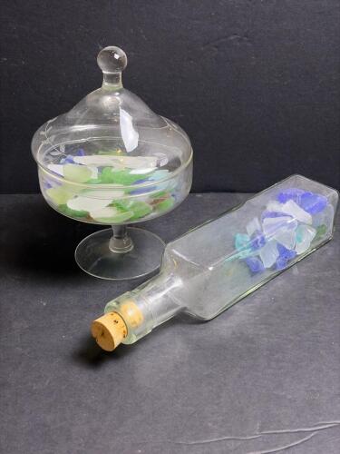 Vintage Glass Bottle with Cork & Etched Compote Dish Set, Filled with Sea Glass
