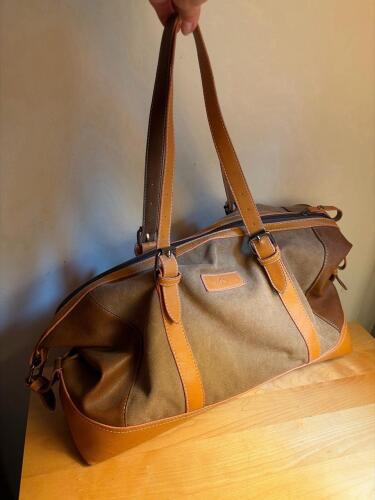 Brown Canvas Duffel Bag with Tan Leather Trim, Weekender, Adjustable Handles