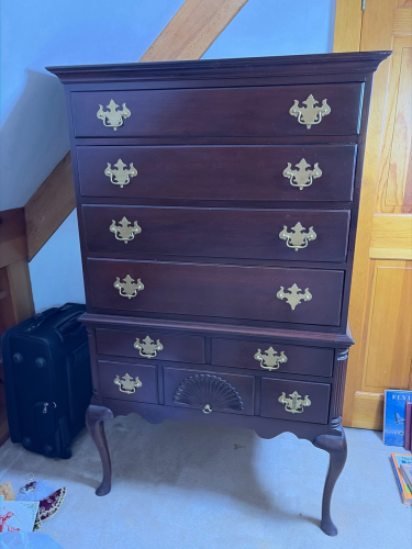 Queen Anne Highboy Dresser with 8 Drawers, Brass Hardware, and Shell Carving