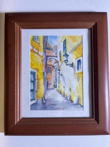 11" x 12.75" Framed Watercolor &lsquo;Griechengasse&rsquo; Signed and Dated