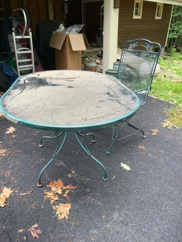 Oval Glass Top Wrought Iron Patio Table with 3 Mesh Chairs