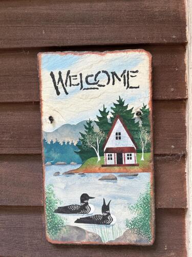 Hand-Painted Slate "Welcome" Sign &ndash; Loons & Cabin Scene