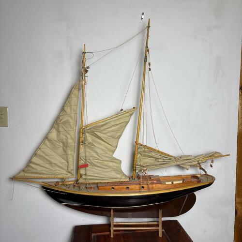 Large Wooden Schooner Model Sailboat with Stand