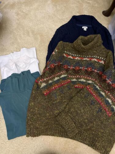 Women's Medium Top Lot, L.L. Bean Navy Blue Cable-Knit Open Cardigan, Woven Turtleneck Sweater, and Two Turtleneck Long Sleeve Tops