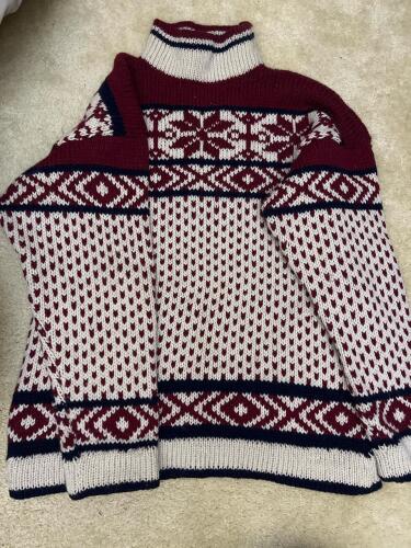 Hand-Knit Nordic Style Wool Sweater, Maroon/Cream/Navy, Size Approx. Large