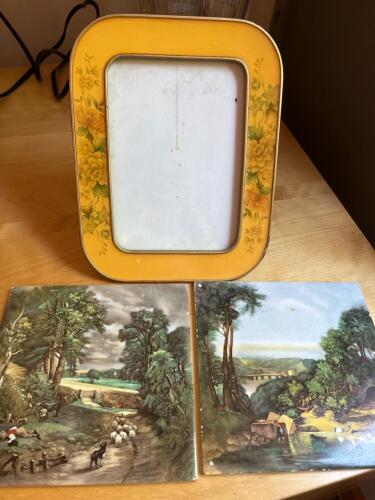 Small Decor Lot with Pair of German Ceramic Tiles and Heavy Vintage Floral Metal Photo Frame