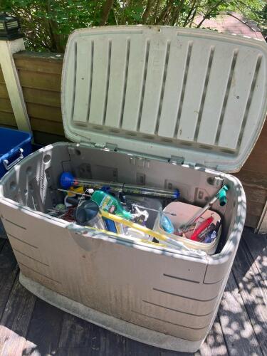 Large Suncast Resin Outdoor Storage Deck Box with All Items Inside Included