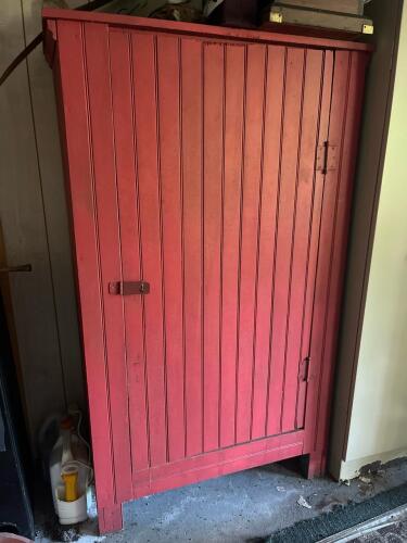 Vintage Wooden Jelly Cabinet with Red Finish and Shelving, All Garden Items Inside Included