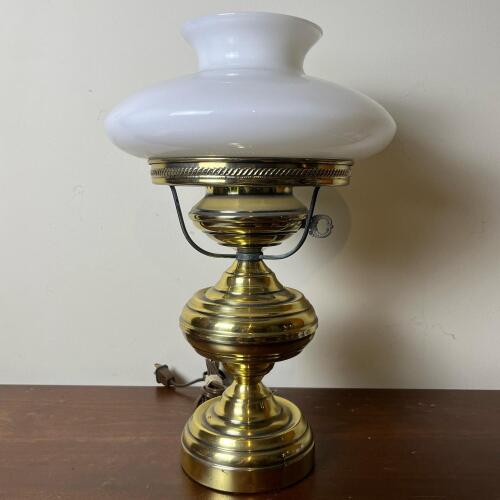 Vintage Brass Hurricane-Style Electric Table Lamp With Milk Glass Shade