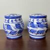 1997 Gourmet S Blue & White Leaf Ceramic Salt & Pepper Shakers Set