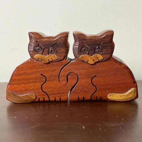 Whimsy Hand-Carved Wooden Cat Puzzle Box