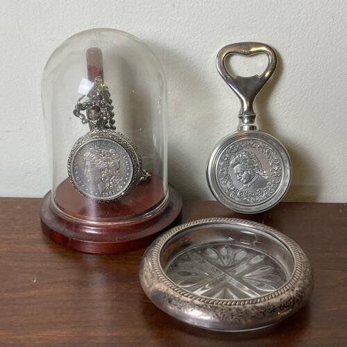 Trio Of Assorted Collectibles Set: American Historic Society Pocket Watch, R&ouml;ders Mozart Bottle Opener, F.B. Rogers Silver Dish