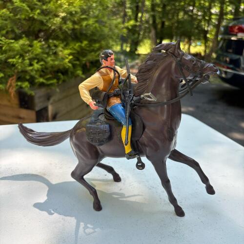 Vintage German Plastic Cavalry Soldier on Horse with Accessories
