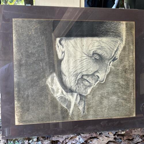 Framed Original Graphite Portrait Drawing of Elderly Woman, 26"x22"