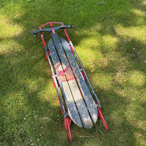 Rustic Wooden Snow Sled with Hand-Painted Holiday Artwork