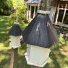 2 Decorative Wooden Birdhouses on Posts with Metal Roofs and Planter Bases - 12