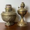 Ornate Brass Kosmos Oil Lamp & Continental Arabic-Marked Brass Lamp