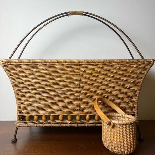 Wicker Magazine/Log Holder Basket with Decorative Beads And Miniature Basket