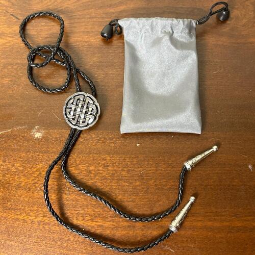 Black Cord Bolo Tie with Silver-Tone Celtic Knot Clasp and Engraved Tips