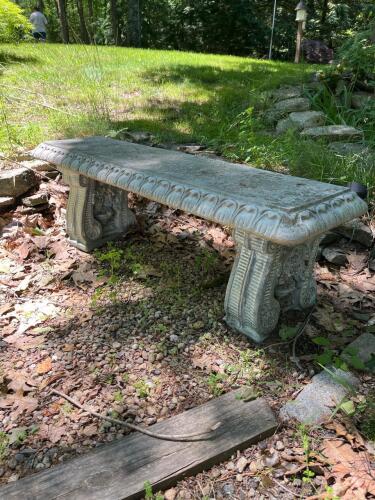 Concrete Garden Bench with Decorative Scrollwork and Leaf Motif