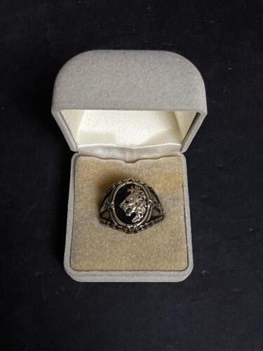 Silver Tone Heraldic Lion's Head Signet Ring with Crossed Swords and Wreath Design