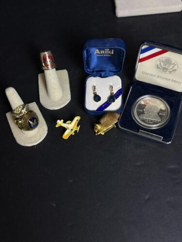 US Mint Wright Brothers Silver Dollar, Ariki Paua Shell Earrings, Champion Ring, Pins and Thimble