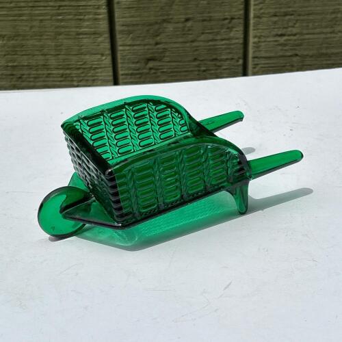 Vintage Indiana Glass Green Wheelbarrow Candy Dish