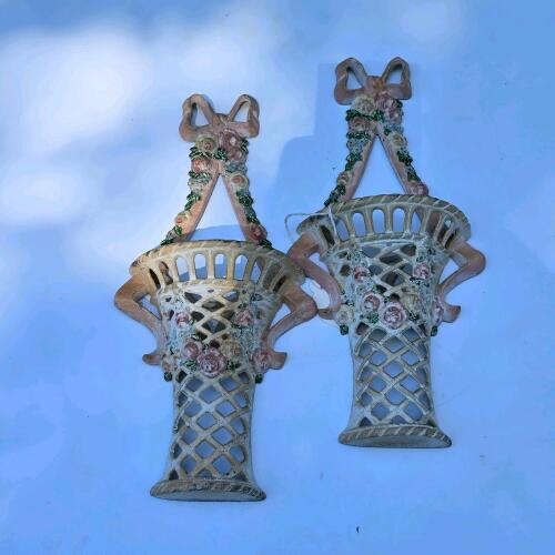 Vintage Cast Iron Wall Hanging Basket Planters with Floral Motif, Pair
