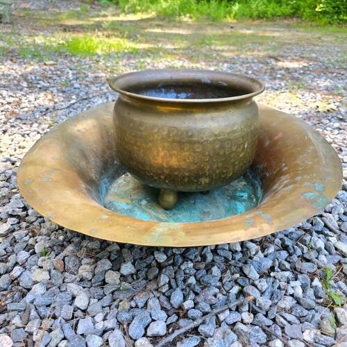 Antique Brass Spittoon and Basin Set, Hammered Finish, 17.5" Diameter, Heavy Patina, 3 Feet